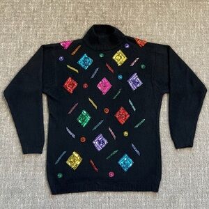 Vintage I.B. Diffusion Silk Blend Sweater Abstract Sequins Embroidery Black 90's